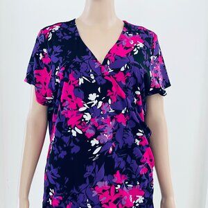 Kate Hill V Neckline Colorful Blouse Top Short Sleeve Shirt Size 1X